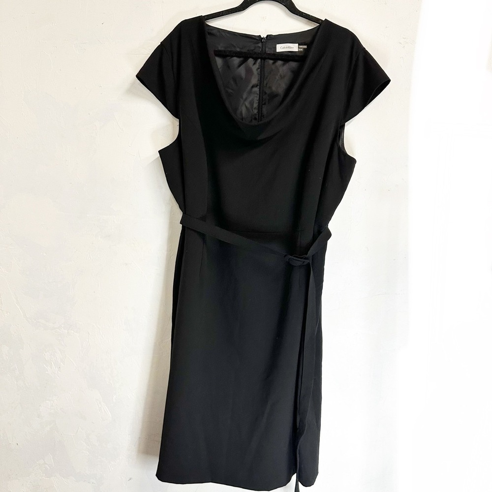 Calvin Klein Sleeveless Black Shift Belted Lined Dress Womens 22W Cowl Neck